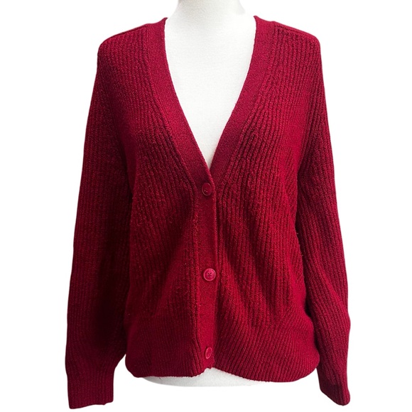 Women's Red Knit Sweater Amazon Essentials Button Down cardigan - Picture 1 of 11